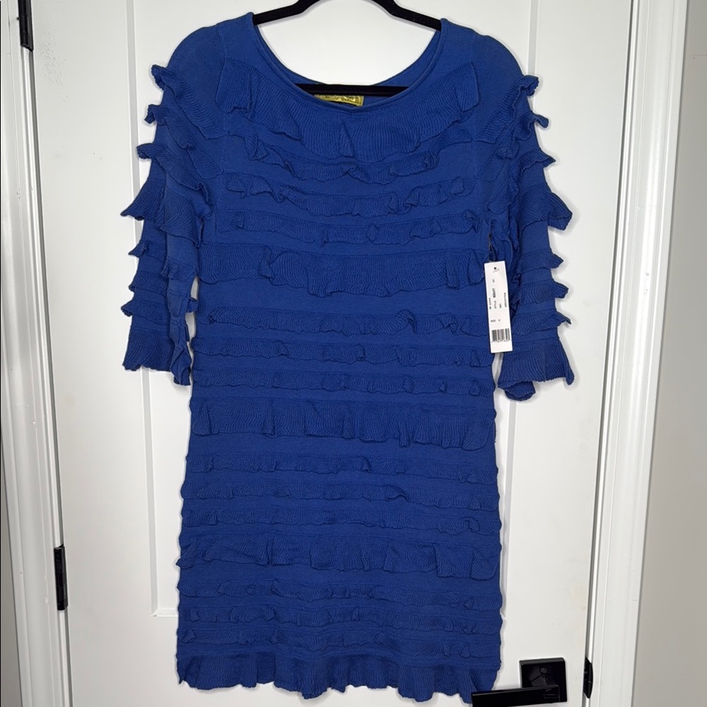 Nicole Miller 100% Cotton Blue Ruffled Women's Dress -‎ Small